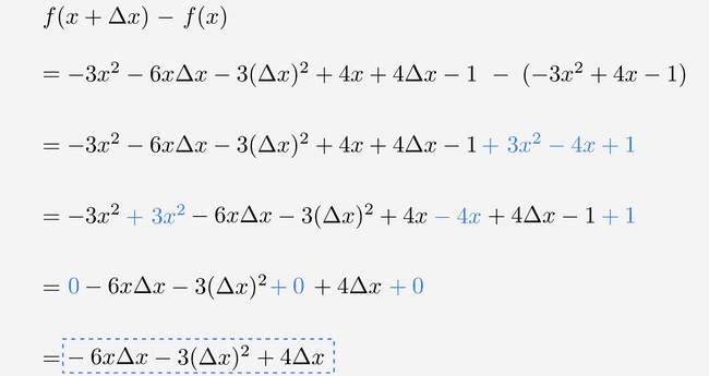 Uitwerking van de teller van de definitie van een afgeleide functie voor onze tweedegraadsfunctie.